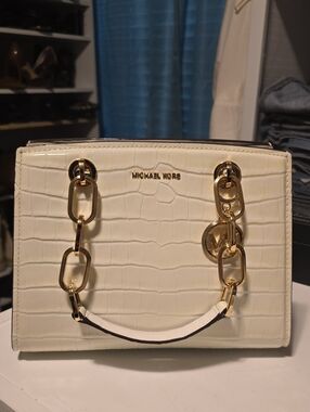 MICHAEL KORS Cream Croc-Embossed Satchel with Gold Chain Detail